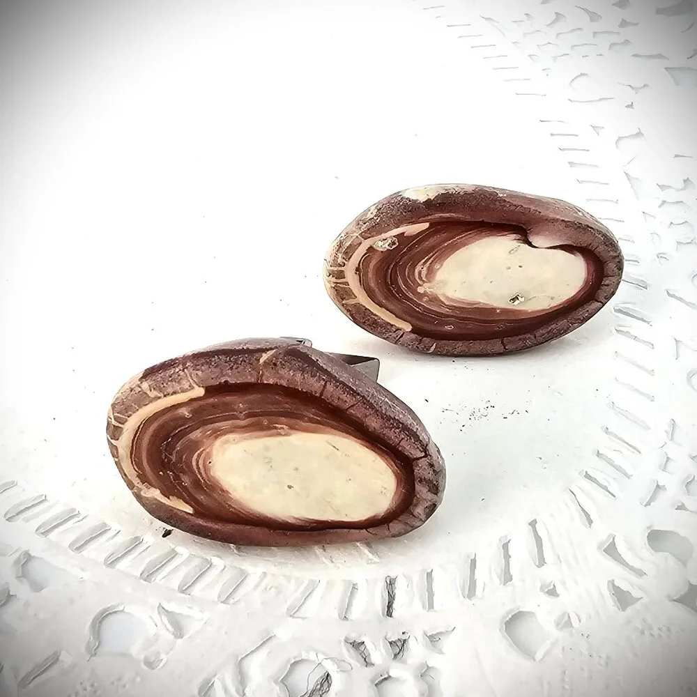Vintage Petrified Wood Slice Polish Red White Stone Specimen Cufflinks 1.25